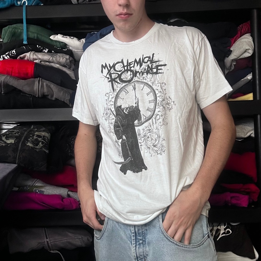 Vintage My Chemical Romance Grim Reaper Clock Graphic T-Shirt White Emo Y2K